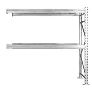 Built Tough 48X144X120 Inch Two Tier Galvanized Teardrop Pallet Rack Add On with 6 5 Inch Beams, side view showing shelves.