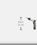 Heavy Duty Cordless Screwdriver Set Featuring Smooth Variable Speed Switches And Two Position Convertible Grip For No Sweat Home Repairs And Slick Electrical Installations next to a hand for size reference.