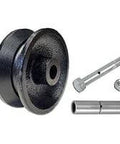 Front view of 3-inch cast-iron V-groove barn door wheel kit with axle and mounting hardware
