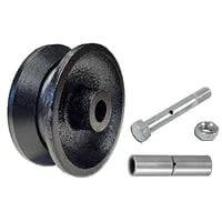 Front view of barn door V-groove cast iron wheel kit with mounting hardware; 3 in wheel, 1-1/4 in axle