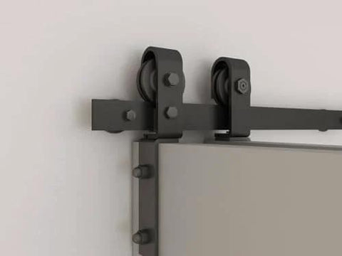 Close-up of sliding hardware from Walnut Stained DIY Wood Double Bi Fold Barn Doors With Sliding Hardware Kit, 72 By 84 Inches