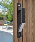 7.9 Inch Sliding Barn Door Handle Black 2 Pack Wooden Door Pull Handle for barn doors, side view on wooden door
