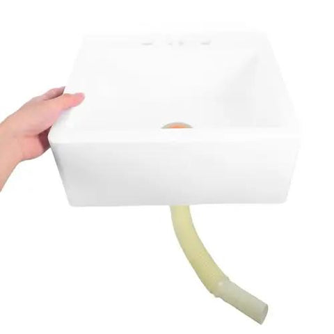 Wall Mount Sink - Lightweight Plastic Basin for Small Bathrooms, Easy No-Drill Installat, held with drainage hose visible.