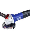 Side view of SALI angle grinder with blue body and 4.5-inch metal cut-off wheel attached