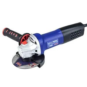 Side view of SALI angle grinder with blue body and 4.5-inch metal cut-off wheel attached
