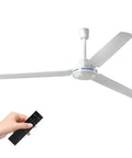 Freaking Smooth Heavy Duty Three Blade Ceiling Fan With Wireless Remote Control And Rock Solid Quiet Operation For Indoor Outdoor Spaces Like Large Patios Or Bedrooms In Sleek Black Finish. White fan with remote control positioned for use.