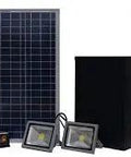 The Dual 20W Solar Led Flood Lights For Outdoor Signs And Billboards With Heavy Duty Brackets Zero Wire Hassle Kickin Brights Easy Install Eco Power Garden Display Setup - includes solar panel, lights, and control unit.