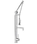 Slick Smooth Glide Contemporary Gantry Pulldown Kitchen Faucet With Dual Mounting in chrome finish, detailed lever and pullout sprayer.