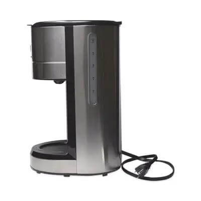 Side view of Home And Office Euro Style Stainless Steel Coffee Maker With Programmable Controls And Pause Function Delivers Rich Brews For 12 Cups
