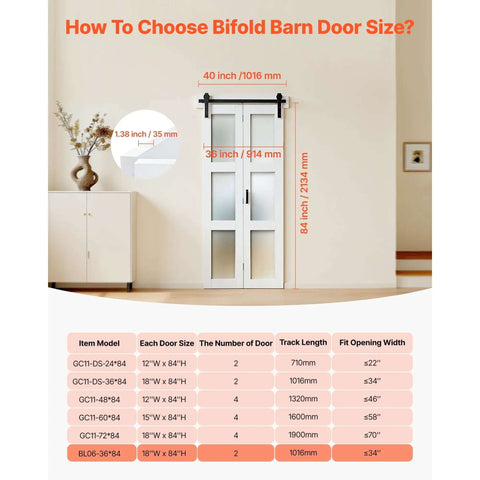 Bifold Barn Door 36 by 84 Inches With Frosted Glass Panels and Header Rail Kit, Space Saving Design, Preassembled Panels, White Finish