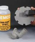 Heavy Duty Gray Ceramic Coating For Industrial Furnaces And Steel Delivers Badass Rust Blocking Power Up To 1400 Degrees With Quick Cure Mix In A Beefy Five Gallon Container Made To Handle Intense Heat Like A Boss, being brushed onto a sample part.