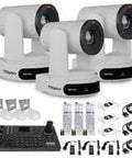 Slick Three Camera Streaming Kit Featuring Dang Good 4K Optical Zoom For Heavy Duty Livestreaming And Video Conferencing Plus Superjoy Control Joystick Mount And White Brackets with three remote cameras and accessories.