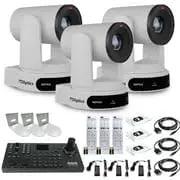 Slick Three Camera Streaming Kit Featuring Dang Good 4K Optical Zoom For Heavy Duty Livestreaming And Video Conferencing Plus Superjoy Control Joystick Mount And White Brackets with three remote cameras and accessories.
