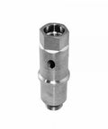 Dynamic mixing chamber for water jet cutting machines, metal body with threaded end, front view