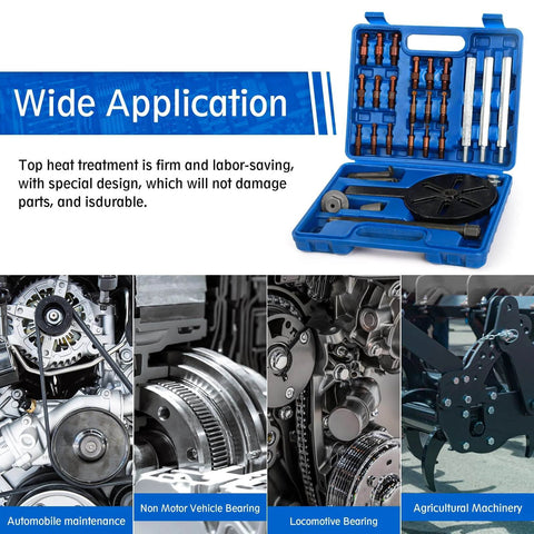 21 in1 Bearing Puller Set displayed in blue storage case for wide applications including automotive and agricultural machinery.