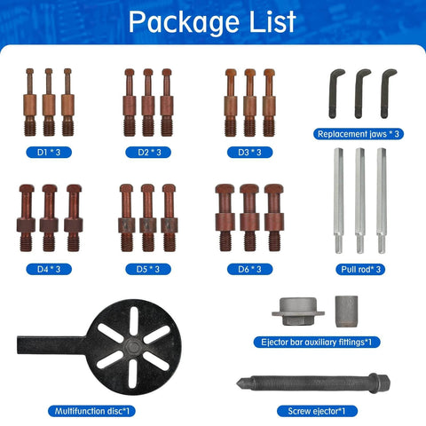 Package contents for 21 in1 Bearing Puller, Bearing Puller Set, Inner Hole Three-Jaw Puller with Curved Hook and Red Steel Collet