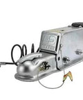 Dexter 7500lb surge brake actuator for drum brakes, zinc-plated metal, front view with ball hitch and wiring