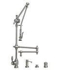 Top Shelf Matte White Pulldown Kitchen Faucet With 18 Inch Long Reach Spout 4 Piece Sink Suite components arranged on countertop.
