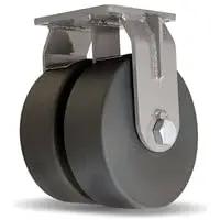 Real Deal Heavy Duty Dual Wheel Rigid Caster With 10 By 4 Inch Cast Nylon Wheels And 1 1 4 Inch Sealed Ball Bearings on a polished steel plate.