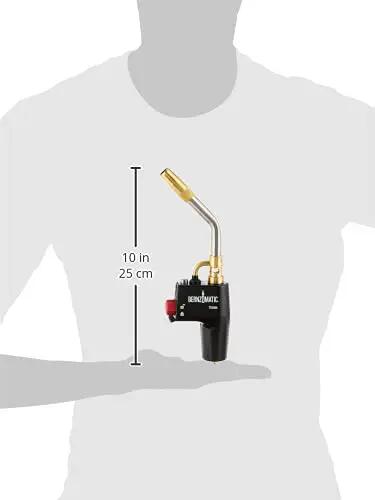Trigger Start Butane Torch For Soldering And Welding, held by a silhouette to show size, 10 inches, Instant On Off Ignition, Lock Button
