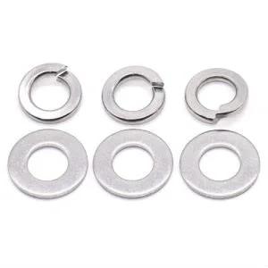 Top view of six M8 stainless steel washers: three flat and three lock washers, plain finish