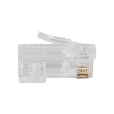 Side view of Modular Data Plug For CAT6A And Thicker CAT6 Cables, No Fuss Fast Pass Thru Install, ethernet plug, transparent material.