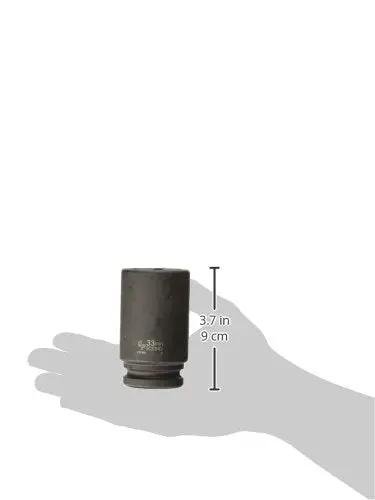 Pro Grade Three Quarter Inch Drive By 33mm Deep Socket Wrench shown in hand, measuring 3.7 inches, ideal for mechanics and DIY use.
