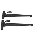 Bean Head Strap Hinges In Wrought Iron Hardware 15 Inch Pair With Hammered Edging And Black Powder Coat Finish, screws visible