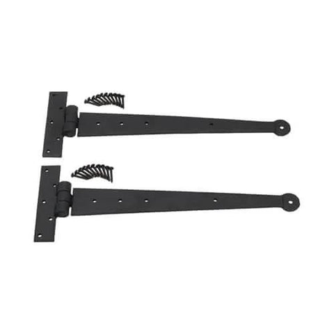 Bean Head Strap Hinges In Wrought Iron Hardware 15 Inch Pair With Hammered Edging And Black Powder Coat Finish, screws visible
