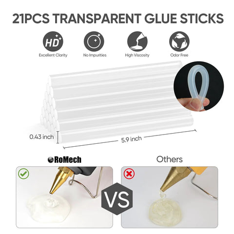 21 transparent glue sticks shown with dimensions and comparison, used with Heavy Duty Dual Power Hot Glue Gun With 60W And 100W Settings.