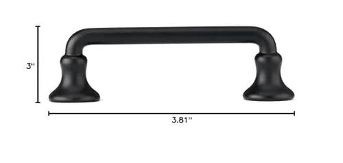 Toulon Collection Matte Black Round Cabinet Pull, 3 Inch Center To Center Traditional Drawer Handle, front view with dimensions.