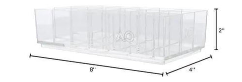 18-Section Drawer Organizer In Industrial Grade Clear Acrylic For Jewelry Makeup Cosmetics Craft Supplies And Office Essentials Durable Stash Tray For Vanity Desk And Drawers Made In USA 4 By 8 By 2 Inches side view