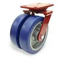 Heavy Duty Swivel Caster Featuring Dual Wheel Setup With 8 By 2 Inch Polyurethane Treads On Cast Iron Mounts.