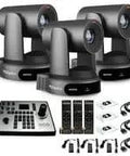 Dope Slick Trio Of Gray 4K PTZ Cameras Featuring 30x Optical Zoom SDI HDMI USB IP Ports Smart Auto Tracking And Nifty Joystick Controller with joystick and cables.