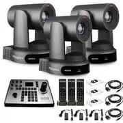 Dope Slick Trio Of Gray 4K PTZ Cameras Featuring 30x Optical Zoom SDI HDMI USB IP Ports Smart Auto Tracking And Nifty Joystick Controller with joystick and cables.