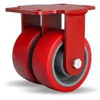 Built Tough Workhorse Dual Wheel Rigid Caster With 4 Inch Polyurethane Tread Over Cast Iron Base, red dual wheel design.