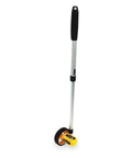 Straight Up Accurate Metric Measuring Wheel For Construction Layouts Compact Rolling Distance Gauge with yellow counter and aluminum handle.