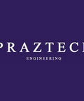 Praztech Engineering logo on a dark blue background