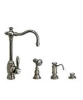 Kick Your Kitchen Up A Notch With This Solid Annapolis Prep Faucet Three Piece Set Sporting A Slick Matte Antique Brass Finish For Heavy Duty Use And Hassle Free Install, showing faucet, sprayer, and controls.