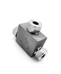 Metal tee fitting with three 1/4-inch ports, isometric view