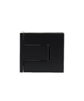 Front view of Palermo Matte Black Adjustable Wall Mount Offset Back Plate Hinge for Glass Doors Fits Three Eighths Inch And One Half Inch Glass