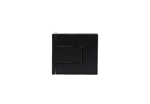 Front view of Palermo Matte Black Adjustable Wall Mount Offset Back Plate Hinge for Glass Doors Fits Three Eighths Inch And One Half Inch Glass