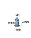 Motorcycle kickstand bolt with nut, M8; blue-silver metal mounting hardware (close-up view)
