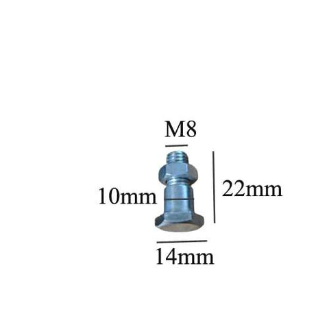 Motorcycle kickstand bolt with nut, M8; blue-silver metal mounting hardware (close-up view)