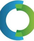 Logo design featuring a blue and green circular shape with a cutout in the center representing innovation or connectivity.