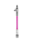 Front view of pink liquid A/C leak-stop injector with metal end fittings and side port
