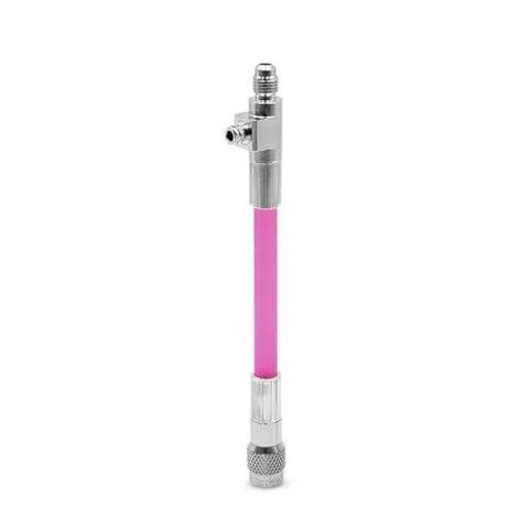 Front view of pink liquid A/C leak-stop injector with metal end fittings and side port