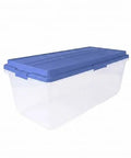 Straight Up Heavy Duty 113 Qt Long Storage Bin With Secure Snap On Lid, Crystal Clear Stackable Plastic Tote For Bulky Blankets And Seasonal Gear, Rock Solid Zero Fuss Garage Organizer - Large clear plastic bin with blue lid.