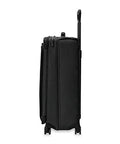 Side view of a black Briggs & Riley expandable spinner luggage, 29-inch design, featuring 360° spinner wheels and compression technology.