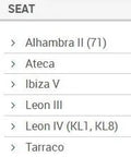 List of SEAT car models including Alhambra II, Ateca, Ibiza V, Leon III, Leon IV, Tarraco.
